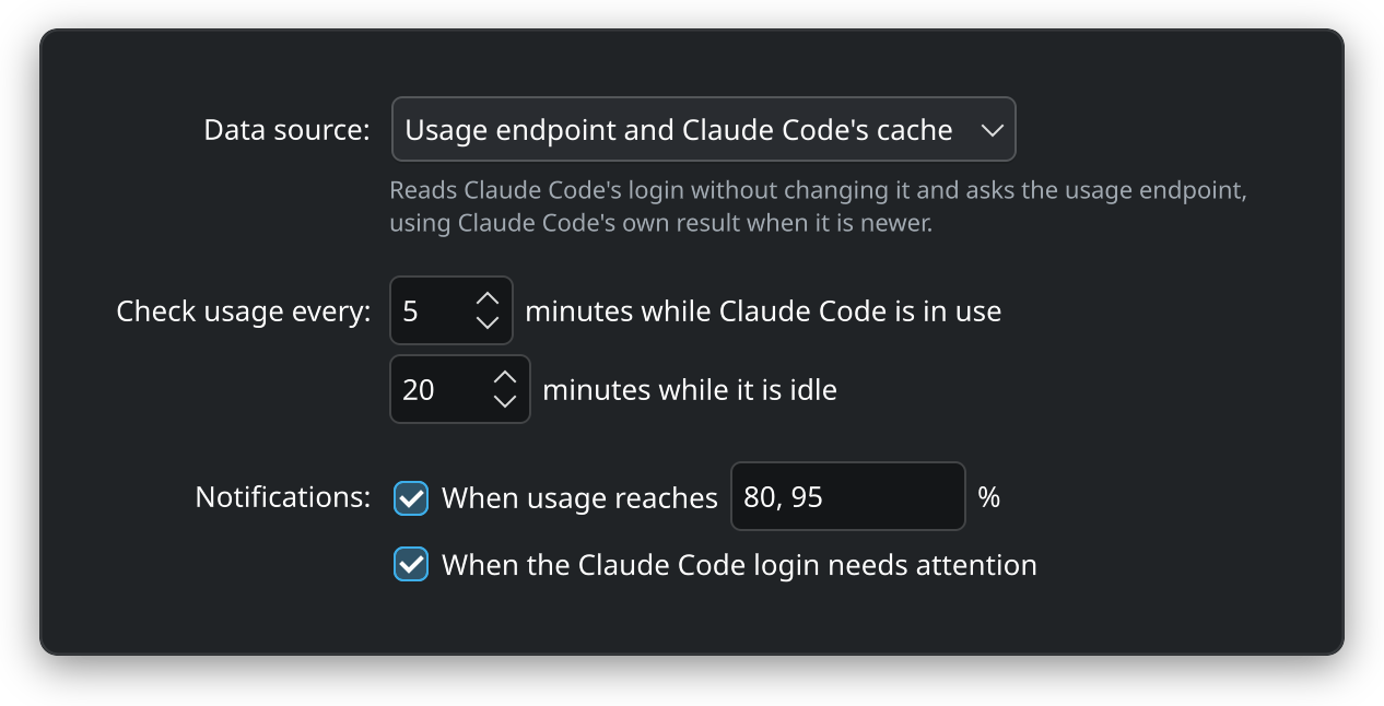 The settings page with the data source, polling intervals, and notifications
